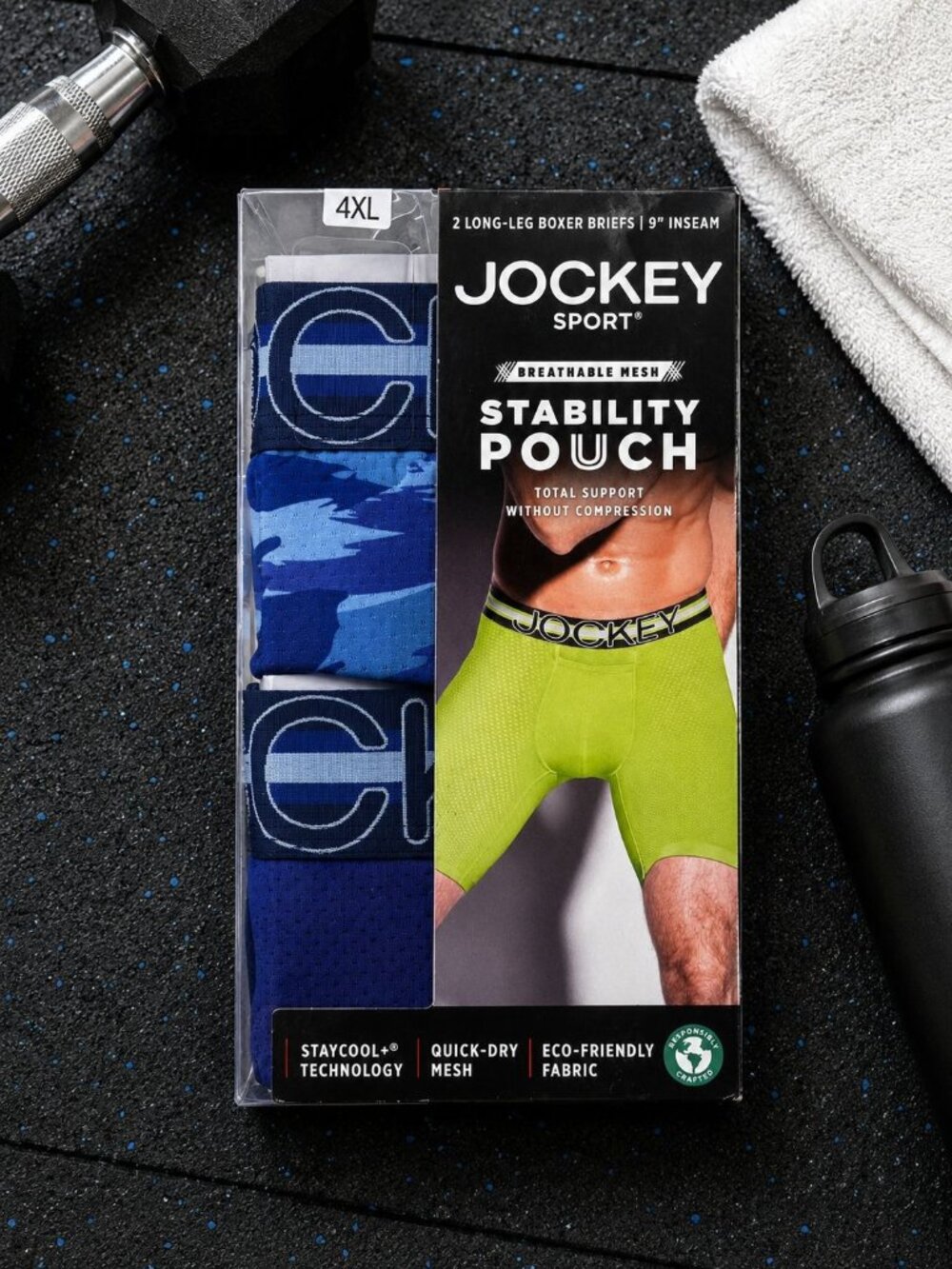 Jockey Sport Mens 4XL Long-Leg Boxer Briefs 2-Pack w Stability Pouch 9" Inseam
